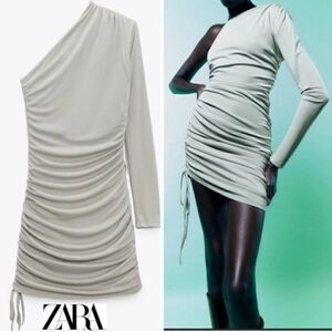 ZARA Green Ruched Mini Dress One Shoulder Size S NWT